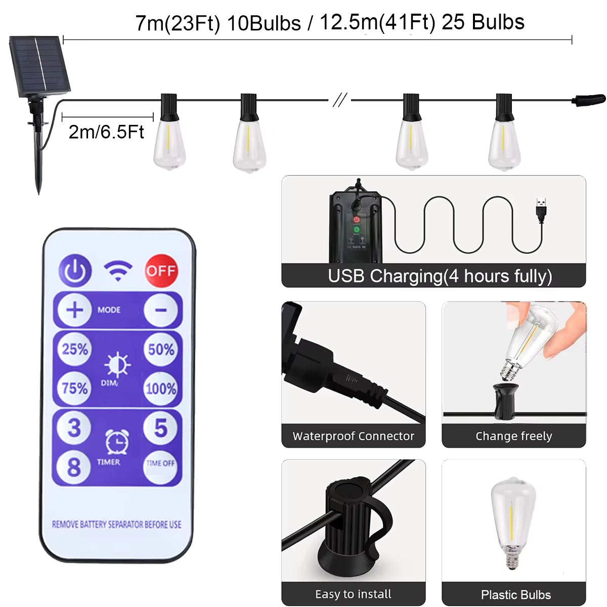 ST38 Solar String Lights Outdoor Festoon LED Garden Solar Lamps for Patio Camping Street Party Wedding Terrace Decoration